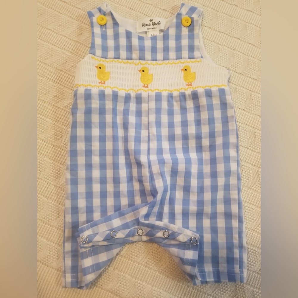 Marie Nicole Blue Smocked Romper with Duck Embroidery